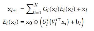 A mixture of experts consists of a gating function and an expert function. The gating function determines the weight of the expert function.