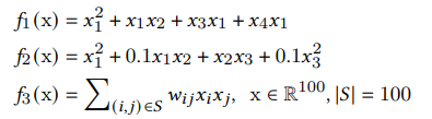 Synthetic functions of increasing difficulty to be learned by DCN, DCNv2 and DNN.